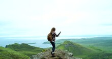 Woman, Dancing And Hiking On Mountain, Trail And Outdoor For Freedom And Adventure In Nature. Female, Tourist And View From Vermont, Hills And Holiday Vacation With High Energy For Wellness And Peace