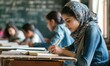 A girl in a headscarf is writing in a classroom. Generative AI.