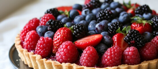 Sticker - Fresh blueberries, raspberries, strawberries, and black raspberries on a fruit tart.