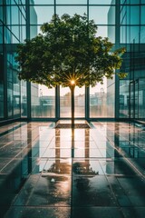 Poster - A tree in a large office building with the sun shining through the windows. Generative AI.