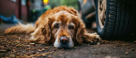 Canvas Print - A dog laying on the ground next to a car. Generative AI.