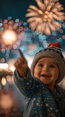 Sticker - A baby in a hat and jacket is pointing at fireworks. Generative AI.