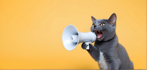 Wall Mural - A funny cat holding a loudspeaker and screaming with an isolated yellow background