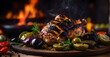 Charcoal grilled chicken. Olives, rice, spices bokeh Dark background