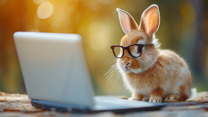 Wall Mural - little rabbit wearing glasses in front of laptop.