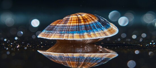 Wall Mural - limpet shell macro image reflected in a blue-ringed, brown-striped centre against a black sparkly ba