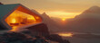 Futuristic home overlooking volcano at sunset/sunrise, minimalist, AI-generative