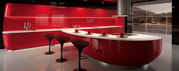 Wall Mural - Red Kitchen, Modern House Interior Banner. Generative AI