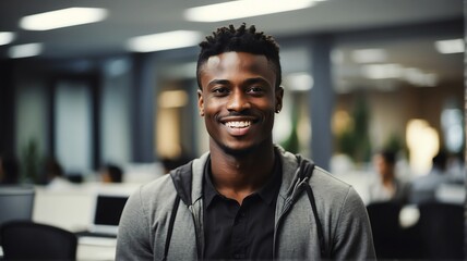 Sticker - Portrait of smiling young black african man working looking at camera as office clerk on modern office background from Generative AI