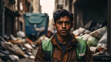 Portrait Of Young Immigrant Man Working As Garbage Collector From Generative AI