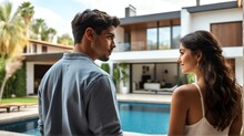 Portrait Of A Young Hispanic Couple Looking At A Modern House With A Pool, Back View, Housing Ad Sale Concept From Generative AI