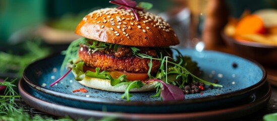 Wall Mural - Vegetarian dinner concept with a veggie burger on blue plate, close-up.