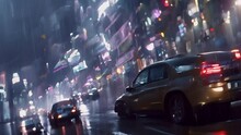 Yellow Car Driving Down A City Street At Night In Japanese Anime Generative AI