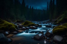 Forest River With Stones On Shores At Night