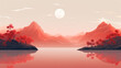 Sunset Landscape with Moon, Mountains, and Lake Chinese and Japanese Style. Beautiful Print for Home Decor, Interior Design, banner, Wallpaper, Background