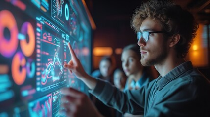 Energetic young tech innovator explaining complex data through interactive visuals on a smart board to an intrigued group of university students