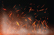  Realistic fire sparks background on a transparent background. burning hot sparks effect with embers burning cinder and smoke flying in the air. heat effect with glow and sparks from bonfire. 