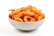 tempura prawns or shrimps fried in breadcrumbs in bowl with sesame seeds, isolated on white background