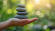 © Creative Stock Hub - A hand holding a stack of zen stones against a green blurred background, evoking a sense of calm and tranquility amidst nature.