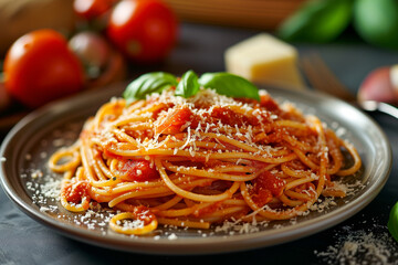 Canvas Print - classic italian spaghetti pasta with tomato sauce, grated parmesan cheese, spices and basil on plate, dark table, selective focus