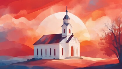 Wall Mural - church on the hill with sunrise background