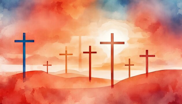 Watercolor easter background with cross on the morning at sunrise