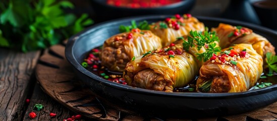 Wall Mural - Cabbage rolls with meat, rice, and veggies named sarma on Dark Rustic Background.