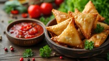 Samosa Featuring A Savory Filling Of Chicken, Minced Meat, Potato, And Vegetables, Presented On A Wooden Background.