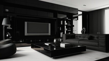 Wall Mural - Black Living Room, Modern House Furniture. Generative AI