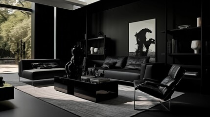 Wall Mural - Black Living Room, Modern House Furniture. Generative AI