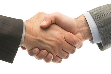 two male strong hands shaking each other in greeting or agreement, checkered jacket sleeves, isolated on white background