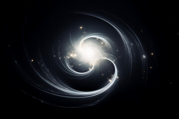 Wall Mural - planet, white spiral trace, spherical fictional abstract in dark space with dots of stars, flashes