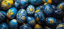Easter Eggs Banner With Beautifully Detailed Floral Patterns. Yellow And Blue Spring Flowers Hand Painted On Colorful Easter Eggs. Banner Panorama By Vita