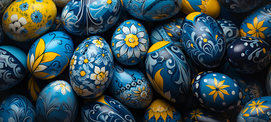 Easter Eggs banner with beautifully detailed floral patterns. Yellow and blue spring flowers hand painted on colorful Easter eggs. Banner panorama by Vita