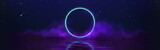 Fototapeta Na ścianę - Circle frame with blue neon light glow and purple smoke under calm water with ripples and reflection on dark starry background. Realistic vector illustration of luminous electric line led ring border.