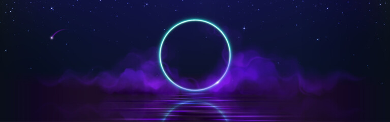 Wall Mural - circle frame with blue neon light glow and purple smoke under calm water with ripples and reflection