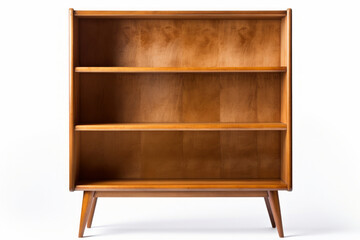 Wall Mural - Present a full body shot of a single wooden mid-century modern bookshelf. front and close-up view,  isolated on a white background.