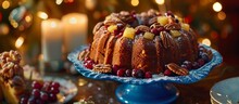 Blue Art Paper Sets The Scene For A Festive Rum Cake Adorned With Pecans, Pineapple, Cherries, And Cranberries.