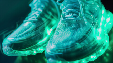 Sneakers with glowing green soles in the dark.