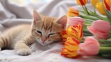 Fototapeta Zwierzęta - A cute fluffy cat is lying on a blanket next to tulips. Greeting card for Women's Day, Valentine's Day.