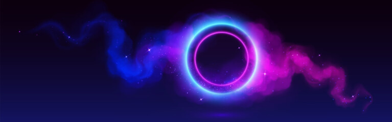 Wall Mural - circle neon blue and pink gradient frame with smoke clouds. realistic vector illustration of magic f