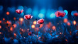 Dreamy Poppy Flower Field Glowing with Nighttime Blue Cast and Selective Soft Focus. Serene Summer Nature Scene. Perfect for Wallpaper and Seasonal Designs.