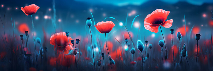 Wall Mural - Magical Poppy Field Under Night Sky, Enhanced with Soft Focus and Dreamy Blue Tones. Wild Summer Beauty. Great for Wallpaper and Seasonal Backgrounds.