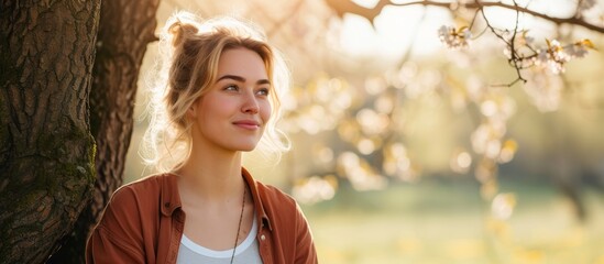 Wall Mural - Blonde woman in casual clothes standing near tree in garden. Outdoors portrait with spring outfit and copy space.