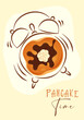 Vector illustration of a ringing alarm clock with pancake. Pancake time. Get up. Breakfast time. Postcard, banner, image for printing.