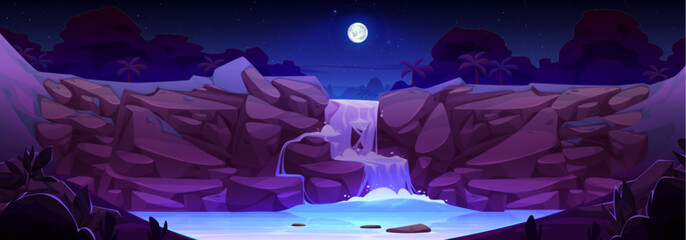 Wall Mural - Night tropical landscape with cascade waterfall in jungle under starry sky and full moon light. Cartoon vector dark scenery with river water fountain flowing on rock cliff with palm trees on shore.