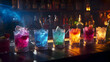 Neon cocktails arranged on counter in bar scene with softly blurred liquor shelves in background.
