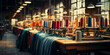 Vintage garment factory interior with rows of industrial sewing machines, colorful thread spools, and denim fabric under warm lighting