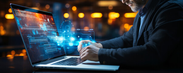 Digital Marketing Expert Analyzing Data and Performance Metrics on Laptop with Futuristic Interface for Insightful Reports
