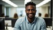 Young professional black african man at office desk smiling to camera from Generative AI